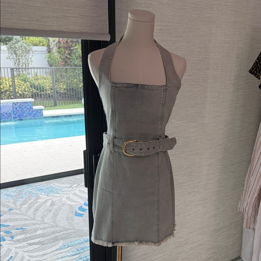 Show Me Your MuMu Grey Denim Halter Mini Dress with Belt